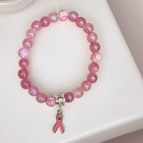 Hand Crafted Jewelry - Pink Ribbon Beaded Stretch Bracelet - Unbranded